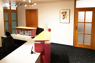 Der Eingangsbereich der Praxis. Auf der linken Seite die Theke im Hintergrund die drei Arztzimmer